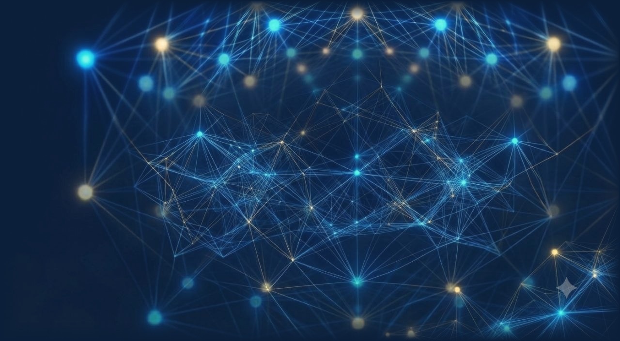 Abstract network of glowing blue and gold connected nodes on a navy background